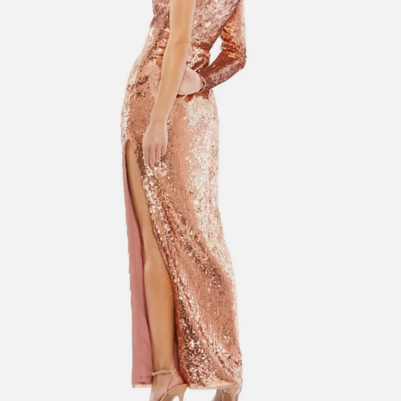 MAC DUGGAL 10788 COPPER SEQUIN ONE SHOULDER LONG SLEEVE COLUMN GOWN sz 12 - Picture 5 of 5